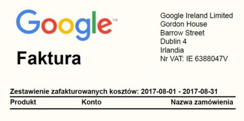 księgowanie faktury z AdWords