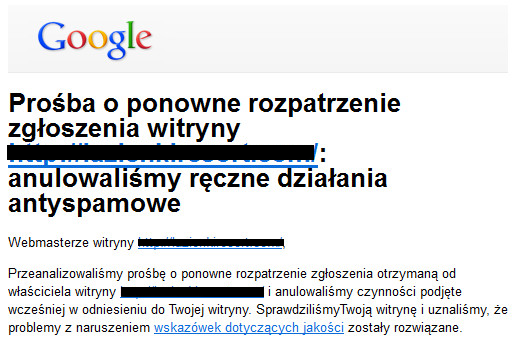 Google - prośba o ponowne rozpatrzenie zgłoszenia witryny