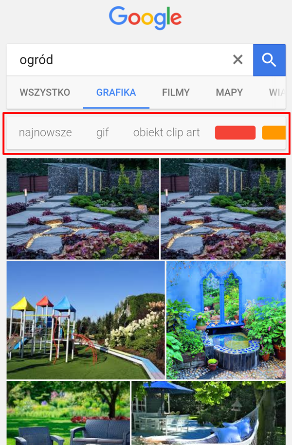 Filtry w Google Images