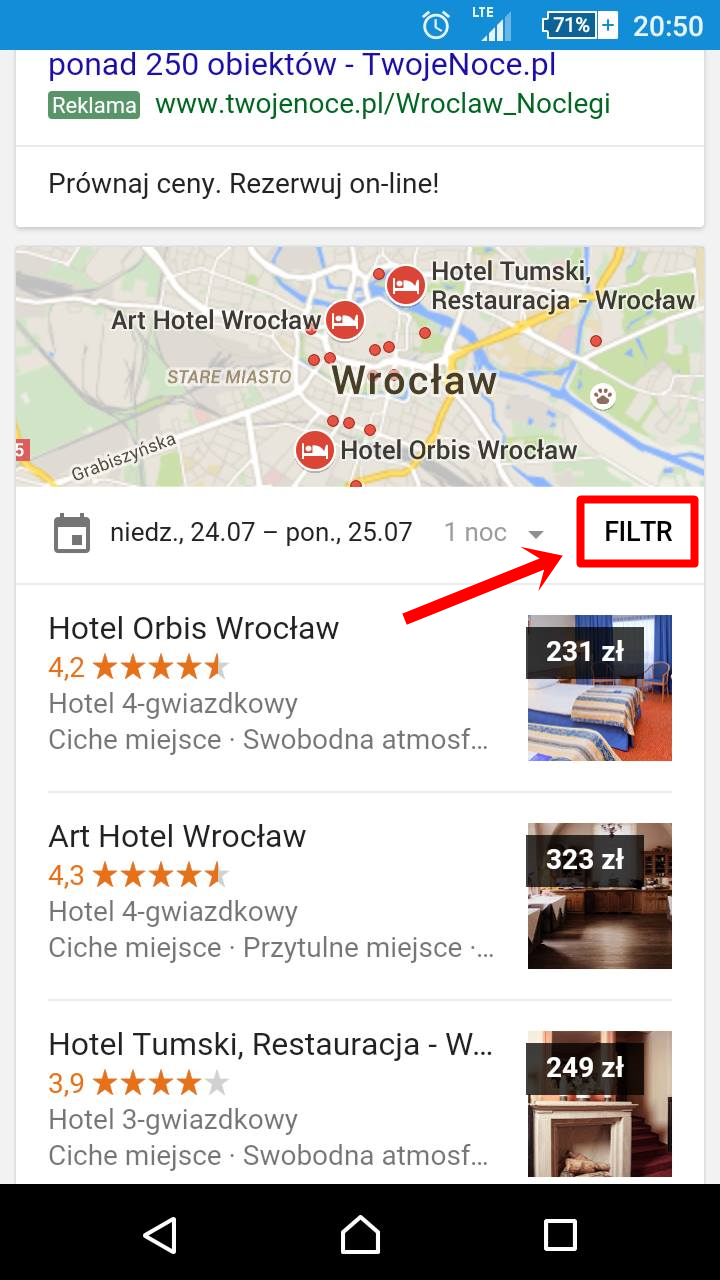 Filtry w wyszukiwarce hoteli
