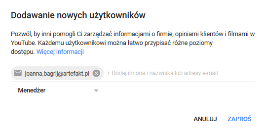 nadawanie dostępów Google Moja Firma