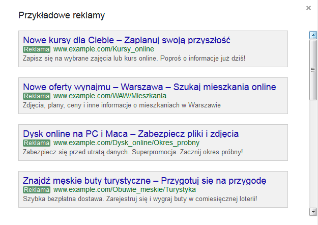 Przykładowe reklamy AdWords
