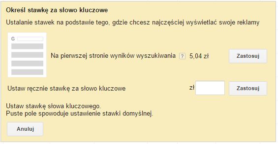 sugerowana stawka AdWords