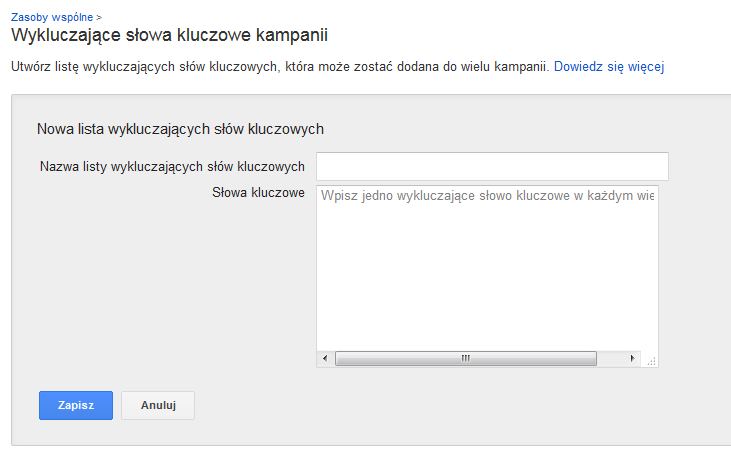 Wykluczające słowa kluczowe