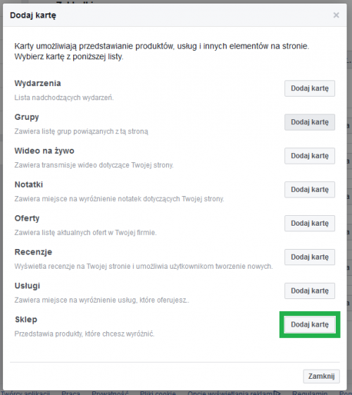 Zakładka Sklep na Facebooku