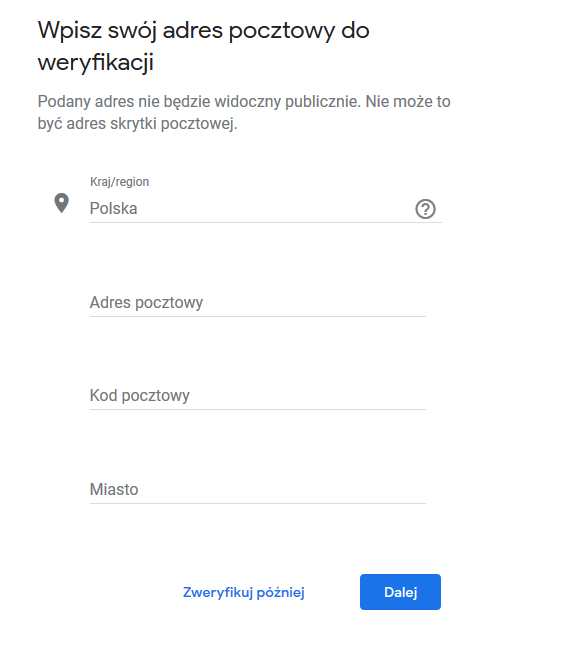 adres do weryfikacji wizytówki